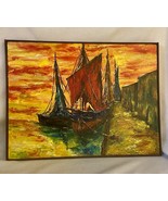 VTG Shalock Texture Canvas Oil Painting Sailboats Sunset Wall Art Oil Pa... - $295.75 CAD