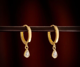 18ct Solid Gold Maria Teardrop Huggie Hoops Earrings - zirconia diamond, classic - £182.37 GBP