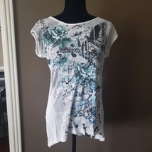 New Look White Distressed Tunic Top with Butterfly Design - Size 14 - £10.44 GBP