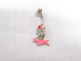 Flying Pig W Pink Enamel Body &amp; Silver Wings Charm 14g Pastel Pink Cz Belly Ring - £5.58 GBP