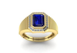 Natürlicher Smaragd Schnitt Blau Saphir Ring 925 Sterlingsilber 14K Vergoldet - £58.07 GBP