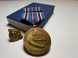 WWII, AMERICAN THEATRE CAMPAIGN MEDAL, PINBACK RIBBON, DISCHARGE BUTTON,... - $25.00