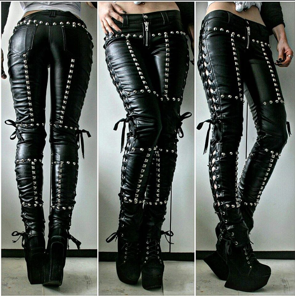 Women Silver Studded Zipper Black Laceup Zipper Genuine Leather Pantsr