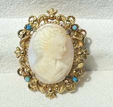 Vintage Geno Cameo Brooch Gold Tone w/ Turquoise Color Cabochons/Bead (a... - $368.38 MXN