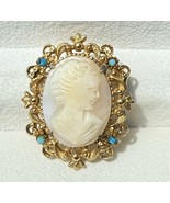 Vintage Geno Cameo Brooch Gold Tone w/ Turquoise Color Cabochons/Bead (a... - $19.99
