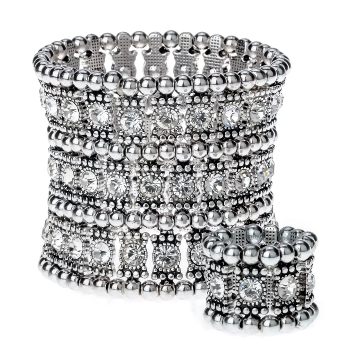 Multilayer stretch cuff bracelet ring sets wedding bridal crystal jewelry women  - £29.09 GBP
