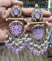 Bollywood Style Gold Plated Indian Kundan Light Purple Earrings Jewelry Set - £29.36 GBP