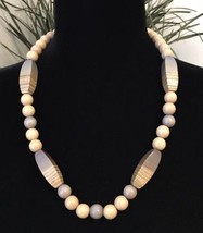 Stylish Gray &amp; Tan Wooden Bead Necklace Contemporary Chunky Jewelry 24&quot; - £15.77 GBP