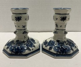 Two Royal Goedewaagen, Blue Delft Vintage Candle Holders Octagonal Base #2313 - £54.95 GBP