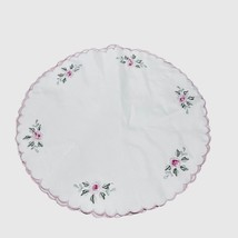Vintage Embroidered Linen Floral Bread Basket Liner Pink Roses With Snaps  - $18.69