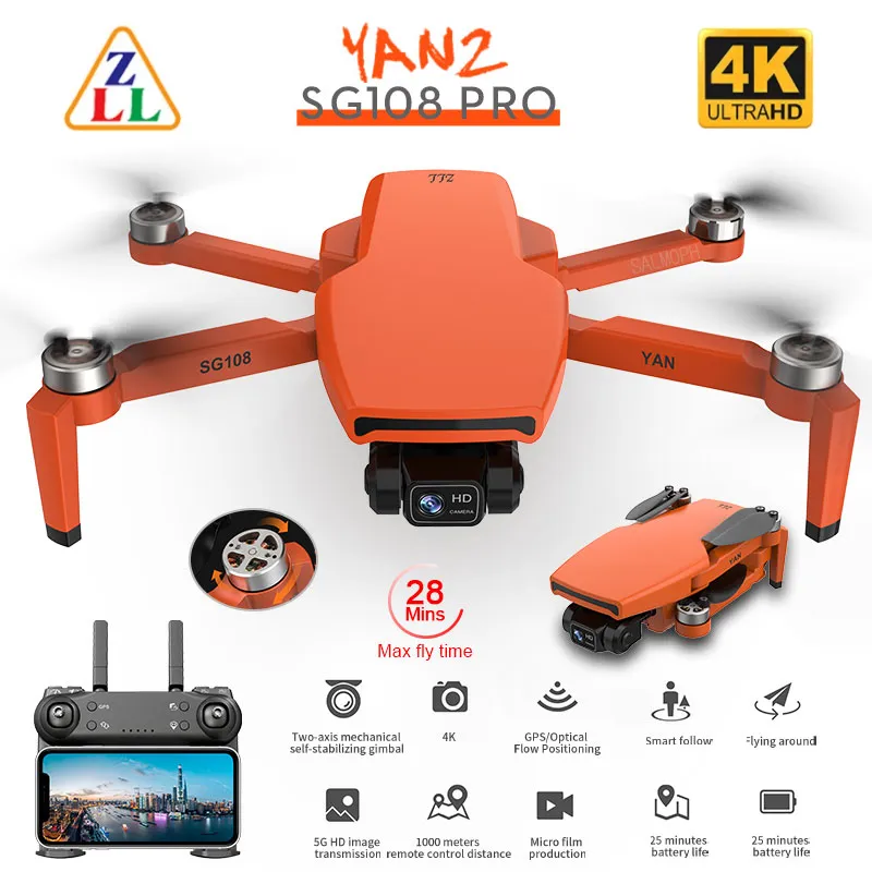 Zlrc sg108 pro gps drone with 5g wifi 2 axis gimbal 4k hd dual camera brushless thumb200