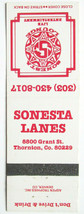 Sonesta Lanes  Thornton, Colorado 20 Strike Bowling Sport Matchbook Cover Lounge - £1.37 GBP