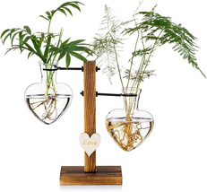 2023 new Glass Plant  Desk with Wooden Stand, Creative Double Heart Glass Vases - £25.05 GBP