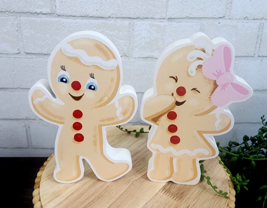 Gingerbread Girl &amp; Boy Figurines Pink Pastel Christmas Peppermint Wood 7&quot; NEW - $29.99