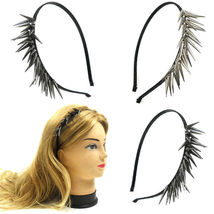 Spikes Black Headband Wrapped w/Satin Silver &amp; Hematite FashionSolid 2 PCS  - $22.00