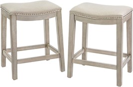 Set Of 2 Bar Stools, Barton, Beige, 24&quot; Saddle Backless, Premium Padded - £111.27 GBP