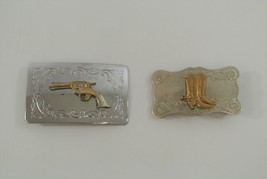 Western Belt Buckle Lot of 2 Embossed Boots Spurs Gun Chambers Nickel Silver USA - £15.21 GBP