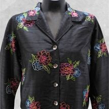 Laura Ashley Petite PS Black Silk Floral Embroidered Button-Front Jacket... - $23.70