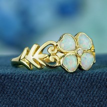 Natural Opal Diamond Vintage Style Floral Clover Ring in Solid 9K Yellow Gold - £603.20 GBP