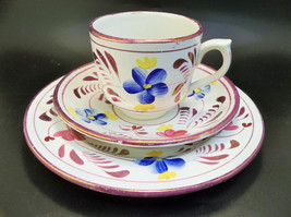 Antique Hand Painted English Tea Cup Saucer Trio Pink Blue Copper Luster - £19.33 GBP