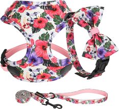 NEW Floral Dog Harness, Leash &amp; Collar w/ Bow Set sz M nylon pink purple... - £11.20 GBP