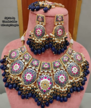 Bollywood Style Indian Gold Plated Blue Enameled Kundan Necklace Jewelry Set - $142.49
