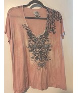 Chicos Womens Top Size 3 Pink Short Sleeve Floral Studded Round Neck Shirt - $13.58