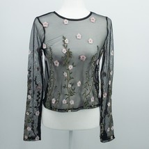 Polly &amp; Esther Top Pullover Long Sleeve Black Sheer Floral Embroidery Small - $11.62