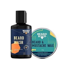 BEARDHOOD 100% Natural Mustache Wax Strong Hold (30g) &amp; Beard Growth Wash 100ml - £18.91 GBP