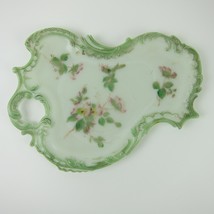 Vintage Milk Glass Vanity Tray / Candy Dish Green &amp; Pink Flowers Open Ha... - £31.49 GBP