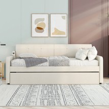 Twin Size Upholstery Daybed with Trundle and USB Charging Design - Beige - £367.85 GBP