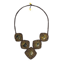 Vintage Statement Yellow Turquoise Spiral Brass Art Deco Necklace - £20.54 GBP