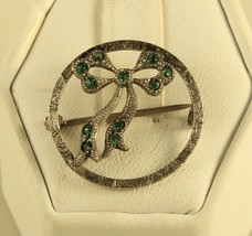 Antique Signed Sterling Silver Art Deco Emerald Stone Circled Ribbon Bow Brooch - £42.67 GBP
