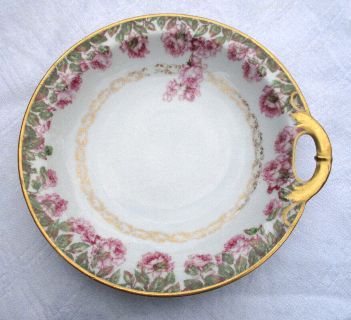 Primary image for Haviland France Limoges Johnston China Pink Roses Gold Handled Bowl Plate 9"