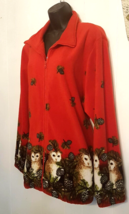 Red Fleece Owl Jacket Front Zip 54&quot; chest est. plus size 3X Birds Warm Comfort - £38.86 GBP