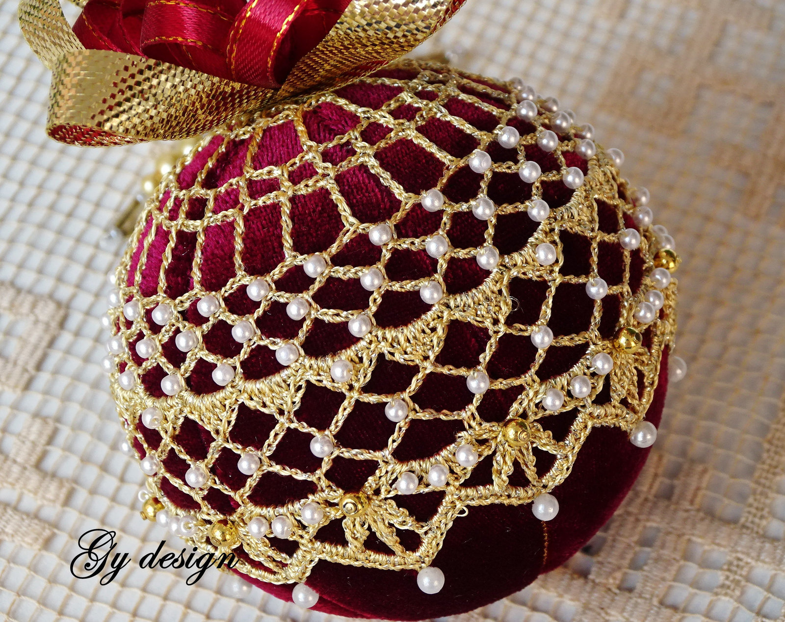 White Beaded Gold Crochet Christmas tree Ornaments xmas bauble unique gift