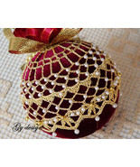 White Beaded Gold Crochet Christmas Ornaments, Red wine velvet Handmade ... - £26.05 GBP