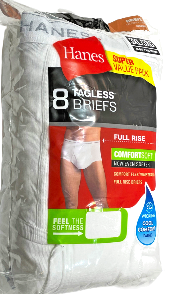 Hanes Full Rise Brief Men 3XL (48-50") White Tagless Cotton 8 Pairs Comfort Soft