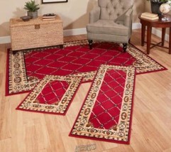 3-pc. Border Rug Set RED Diamond Patterning Spot Clean Import Polypropylene - £74.72 GBP