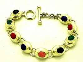 MULTI-COLOR GEMSTONES 7.5in LONG BRACELET REAL SOLID .925 STERLING SILVER 27.3 g - £113.32 GBP