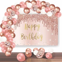 Rose Gold Happy Birthday Banner Backdrop With Confetti Balloon Garland Arch, Hap - £25.57 GBP