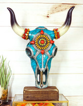 Rustic Western Aztec Mosaic Turquoise Cow Steer Bull Skull Desktop Sculp... - $39.99