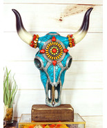 Rustic Western Aztec Mosaic Turquoise Cow Steer Bull Skull Desktop Sculp... - $54.45 CAD