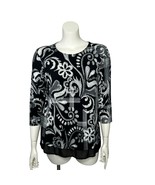 Chico&#39;s Sz XL (3) Black And White Top Floral 3/4 Sleeve Rayon Blend Tunic - $19.79