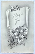 c1965 Sympathy Comfort Greeting Card Gray with Lily Flowers and Silver G... - $9.95