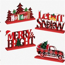 Rustic XMAS Magic: 4-Piece Red Buffalo Plaid Wooden Centerpiece Set with... - $35.63