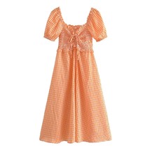 E ruched smocking maxi long dress square collar gingham print ladies long vestidos 2022 thumb200