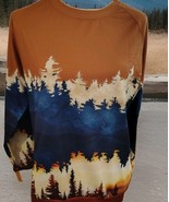 Knoeasy Women&#39;s Tan &amp; Teal Forest Landscape Pullover Top Medium - $136.80 MXN