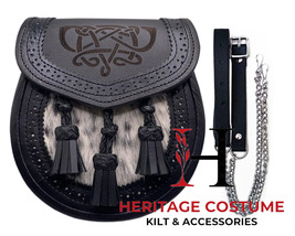 Scottish Handmade Laser Etched Quality Black Leather Full Dress Kilt Spo... - £43.58 GBP