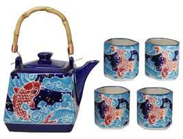 Auspicious Red Koi Fishes In Blue Waters Hexagonal Teapot With 4 Tea Cup... - $41.99